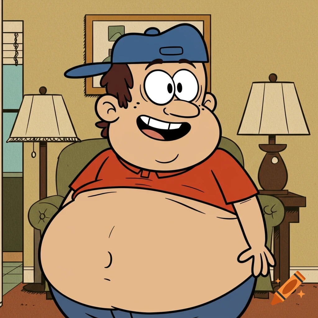 A cartoon man with a very large belly sits in a chair, in the style of The Loud House.