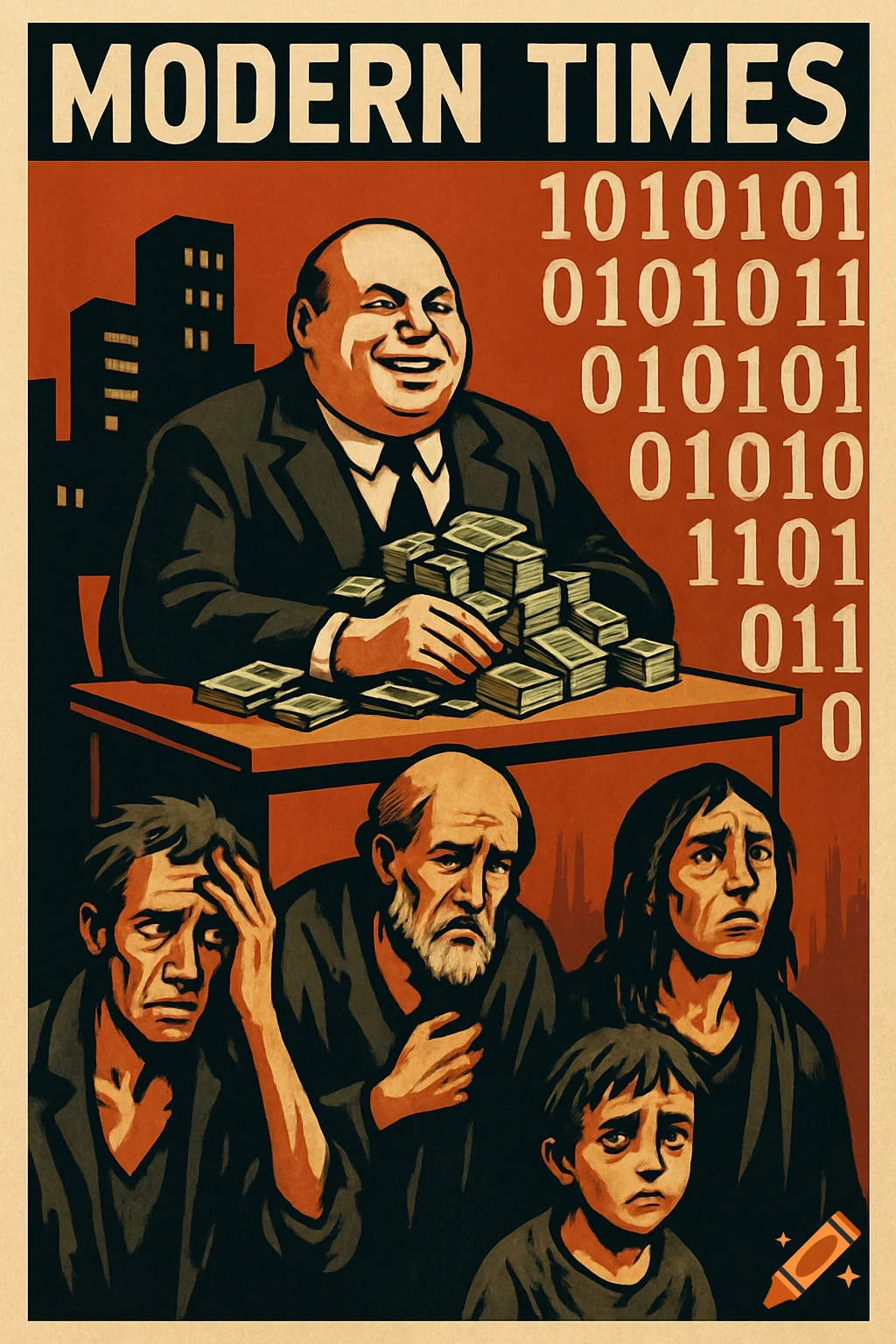 Propaganda poster showing a rich man with money and poor people, with binary code.