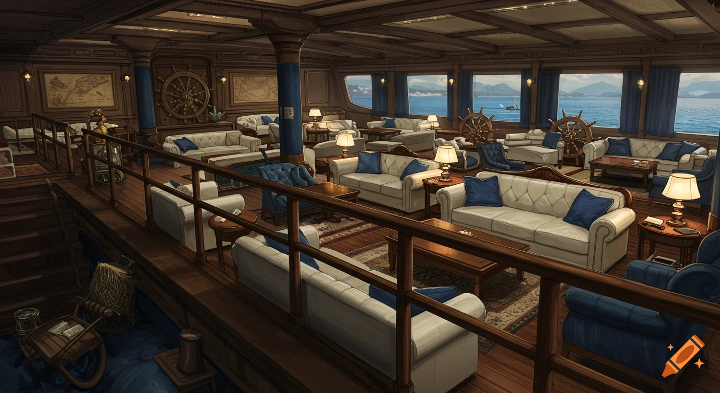 Luxury yacht lounge with couches and nautical decor, viewed from a balcony overlooking the sea.