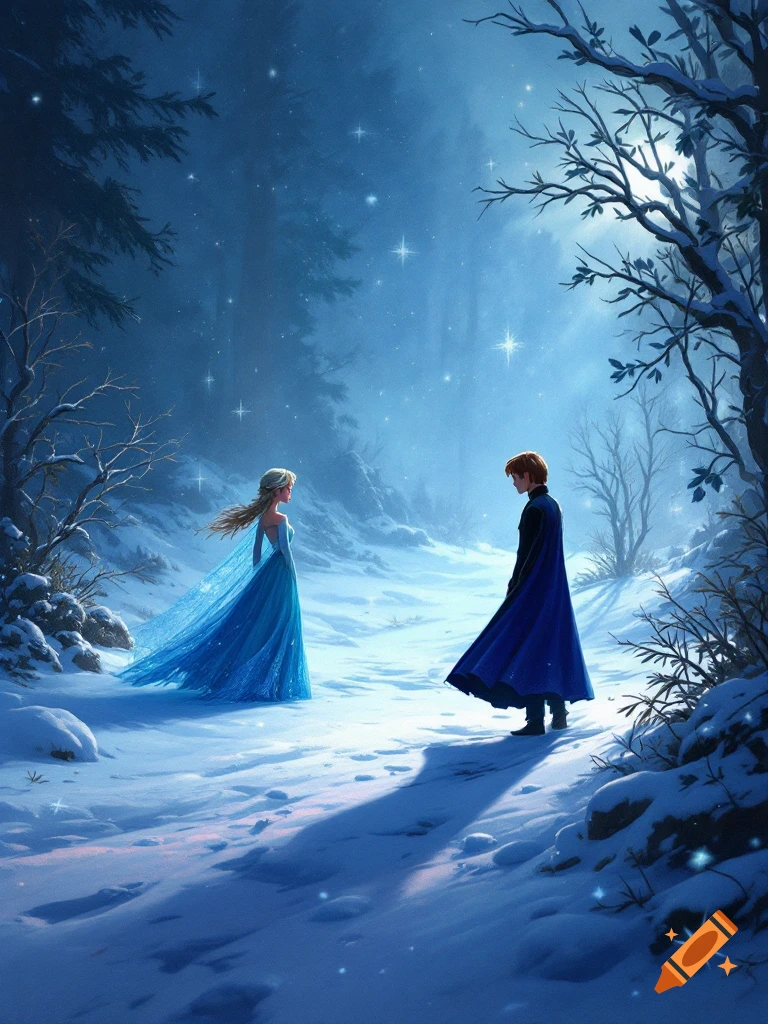 Two figures resembling Frozen characters stand in a snowy forest at night.