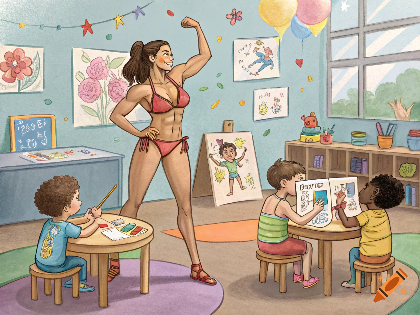 Illustration of a muscular woman in a bikini posing for children drawing in an art class.