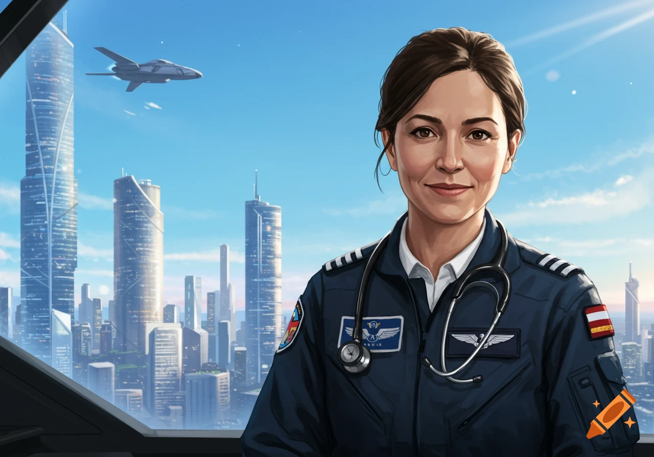 Portrait of a woman in a pilot uniform with a stethoscope standing in front of a futuristic city skyline.