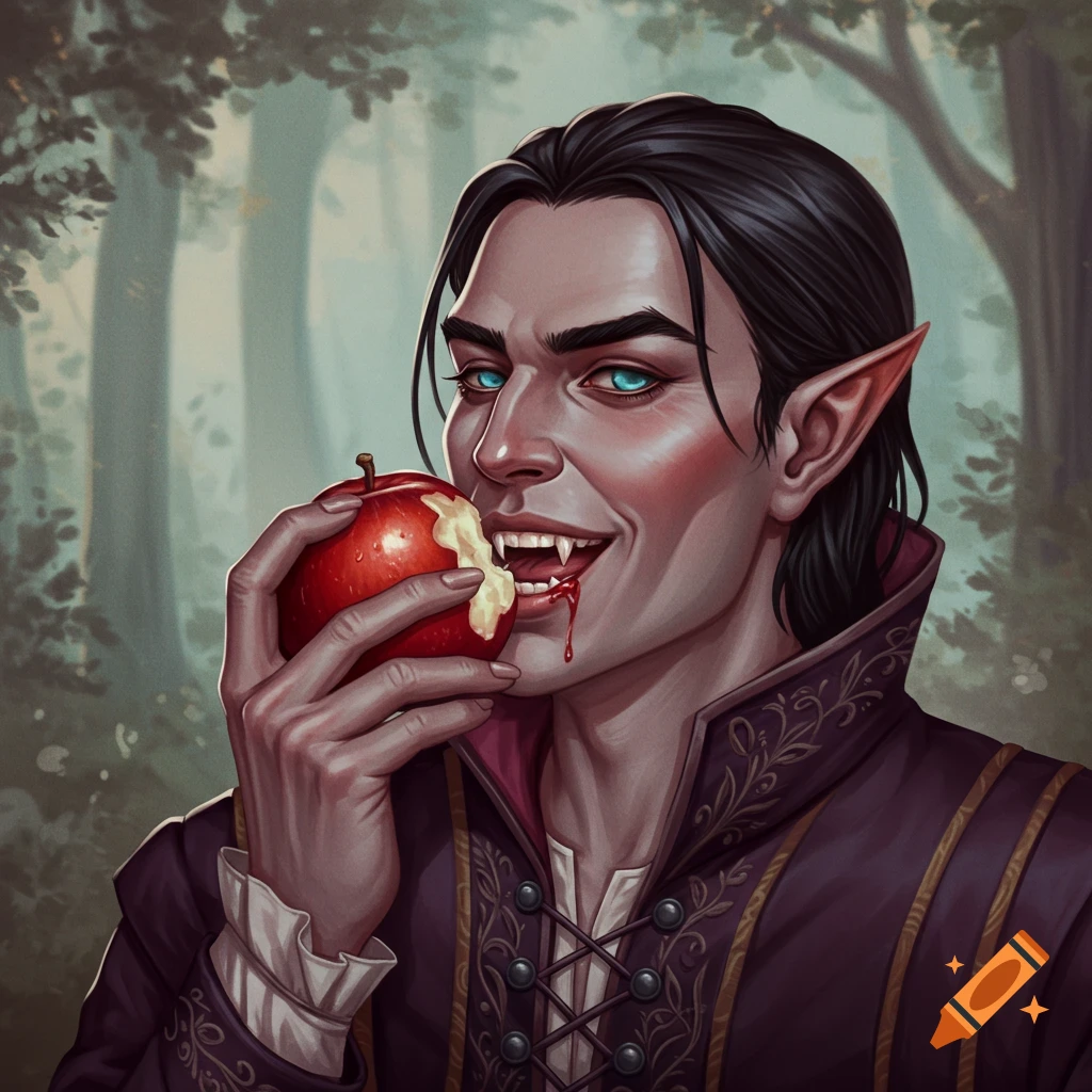 An illustration of a pale-skinned character with pointy ears and fangs biting into a red apple, with blood dripping.