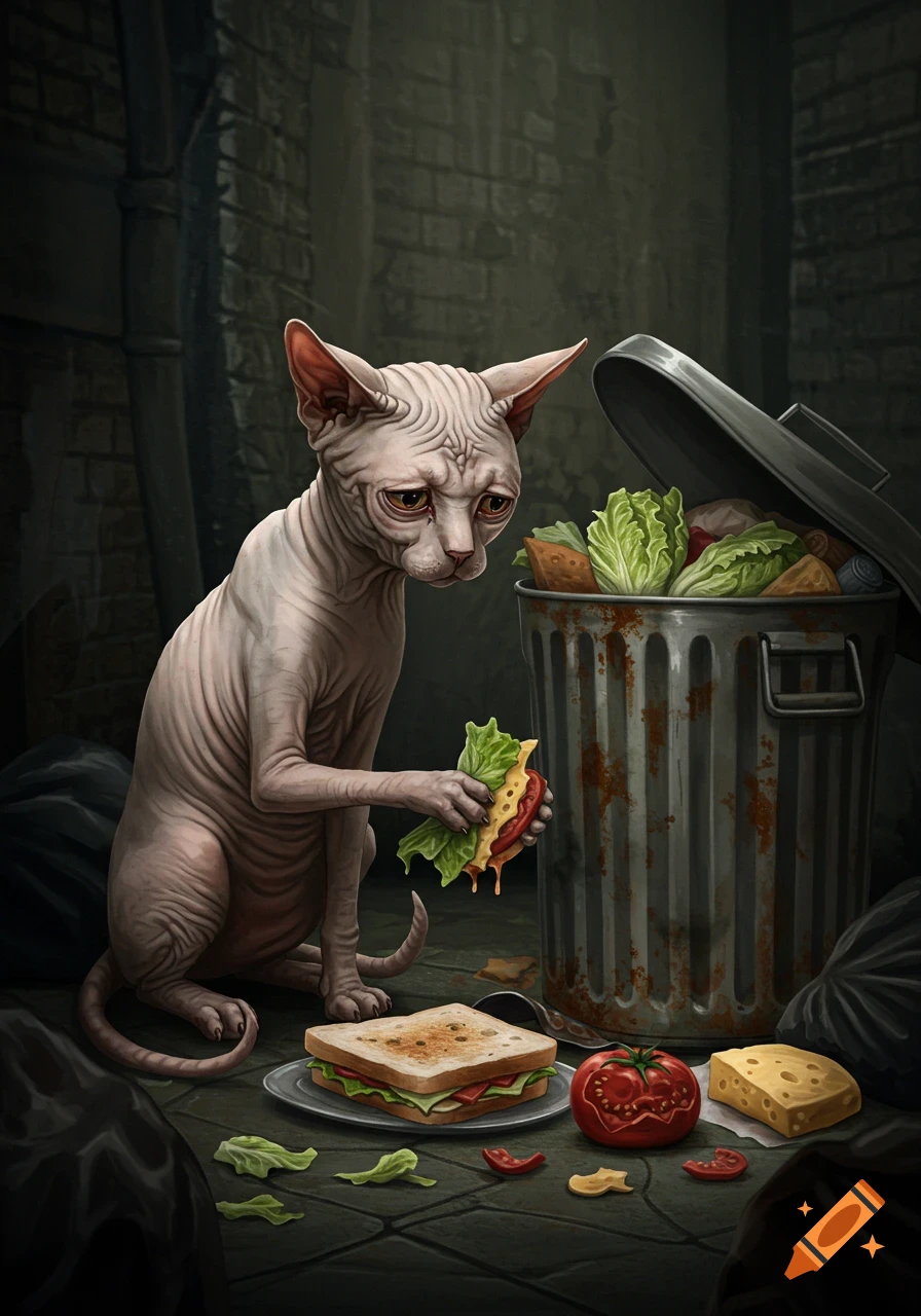 A sad Sphynx cat holds a piece of a sandwich in a dark alley next to a trash can.
