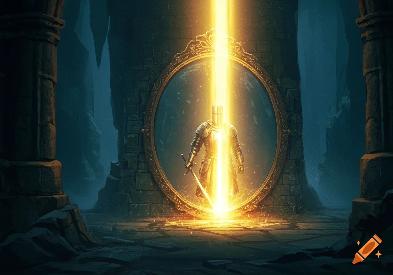 Knight in shining armor stands in front of a mirror in a dark dungeon, illuminated by a beam of light.