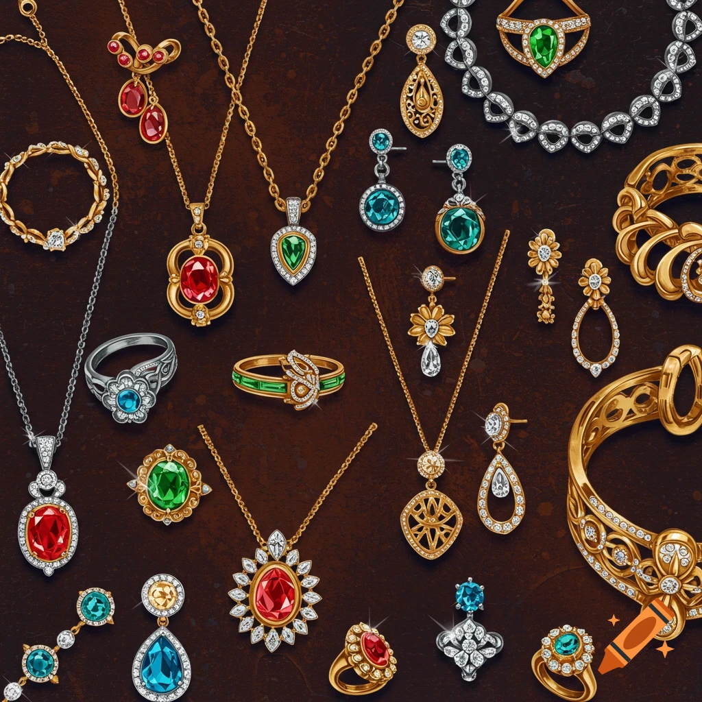 Collection of gold and silver jewelry with red, green, and blue gems on a brown background.