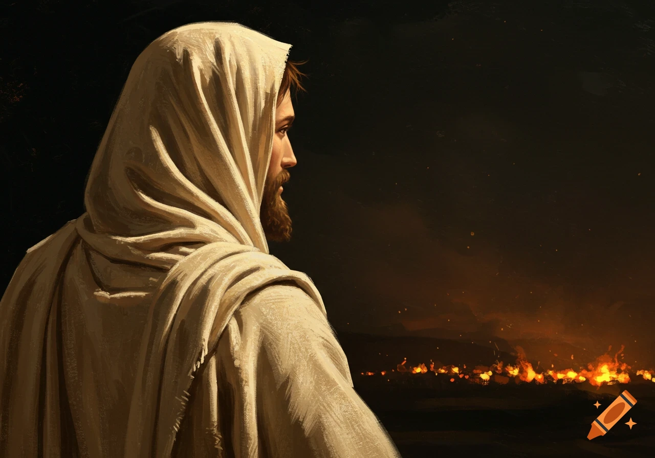 Figure in hooded robe looking at horizon lit by fire