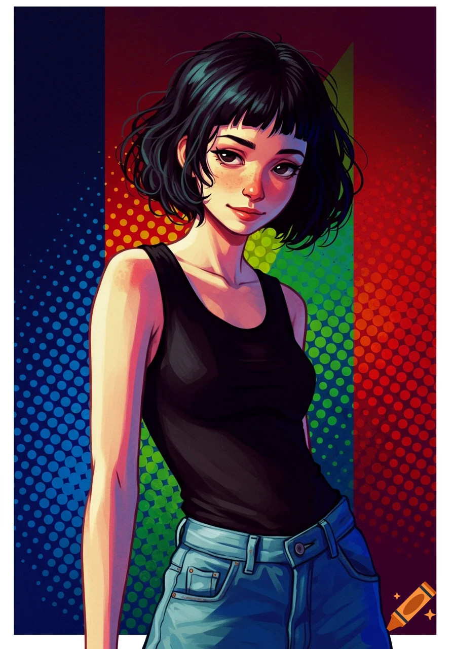 Illustration of a woman with short black hair in a black tank top and jeans against a colorful dotted background.