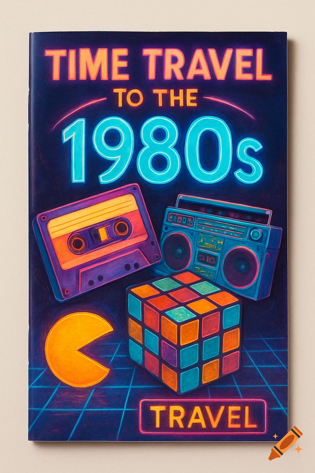 Retro brochure cover with neon text 'TIME TRAVEL TO THE 1980s', cassette, boombox, Rubik's cube, Pac-Man.