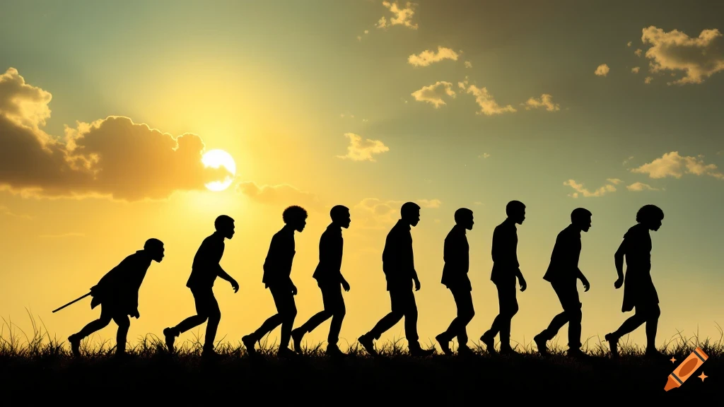 Silhouettes show human evolution from ape to modern human walking across a grassy horizon at sunset.