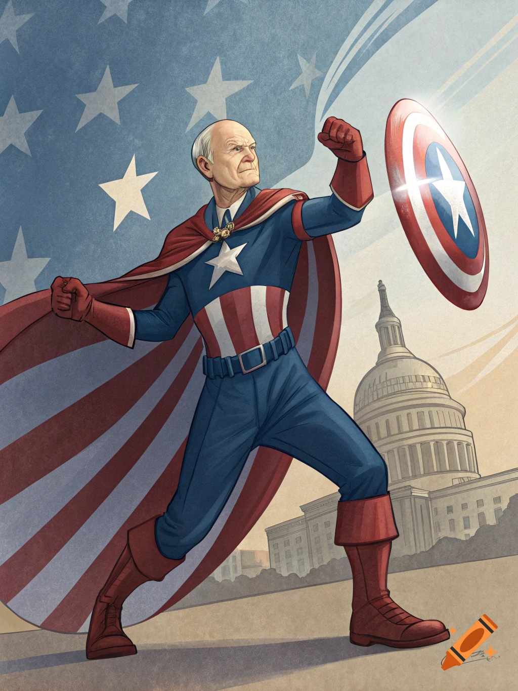 Illustration of President Eisenhower dressed as a superhero with a shield and cape in front of the Capitol building.