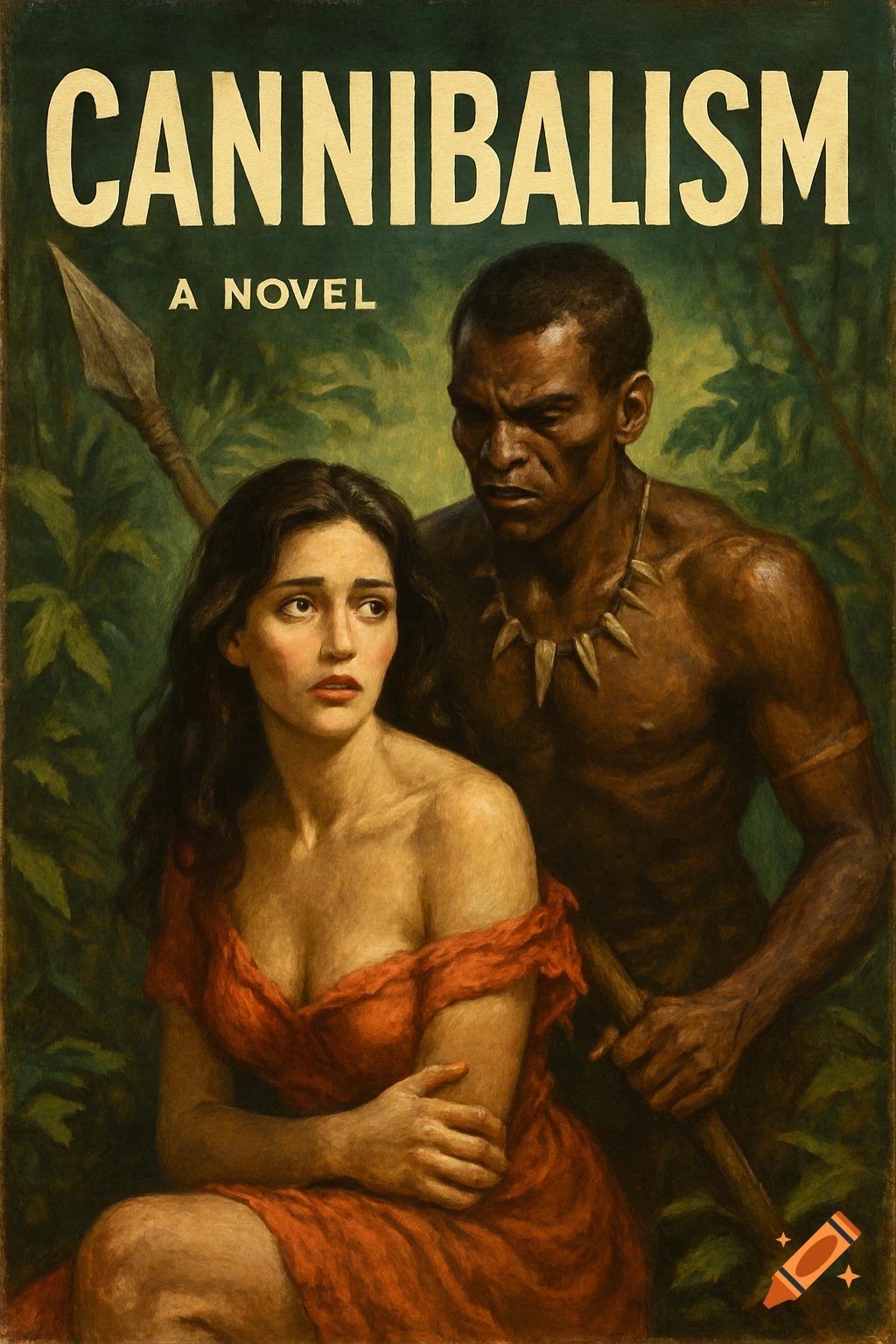 Pulp style book cover art with text "CANNIBALISM A NOVEL", depicting a scared woman and a man with a spear in a jungle.
