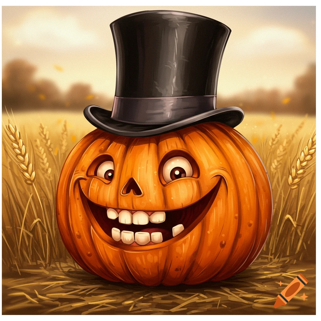 A cartoon pumpkin with a big goofy grin wears a black top hat in a wheat field.