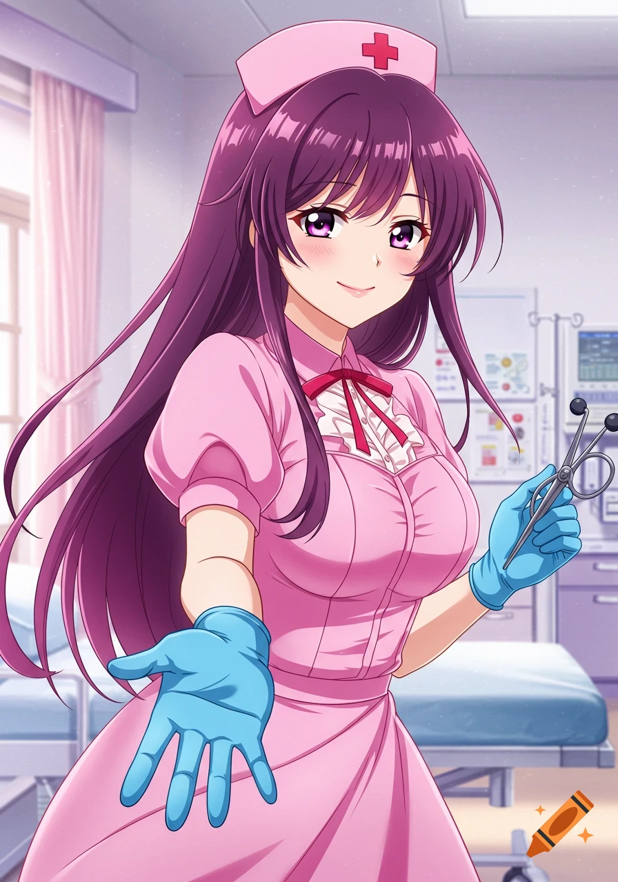 Anime nurse in pink dress and blue gloves holding scissors and reaching out in a hospital room.