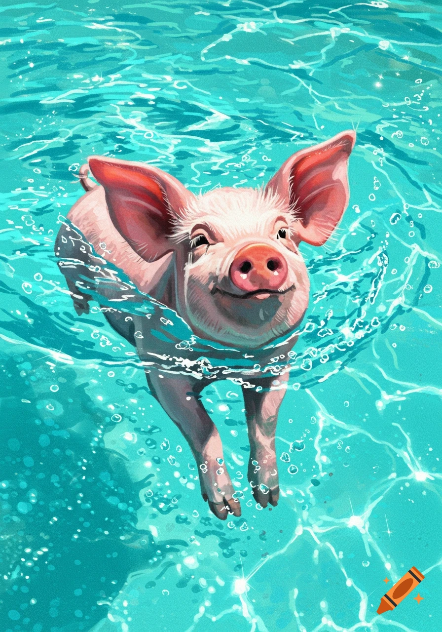 An illustration of a happy pink pig swimming in bright blue water.
