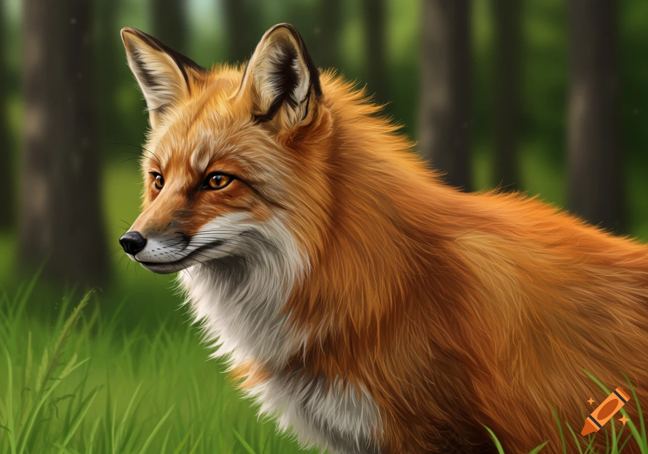 A close-up portrait of a red fox looking left in a forest setting