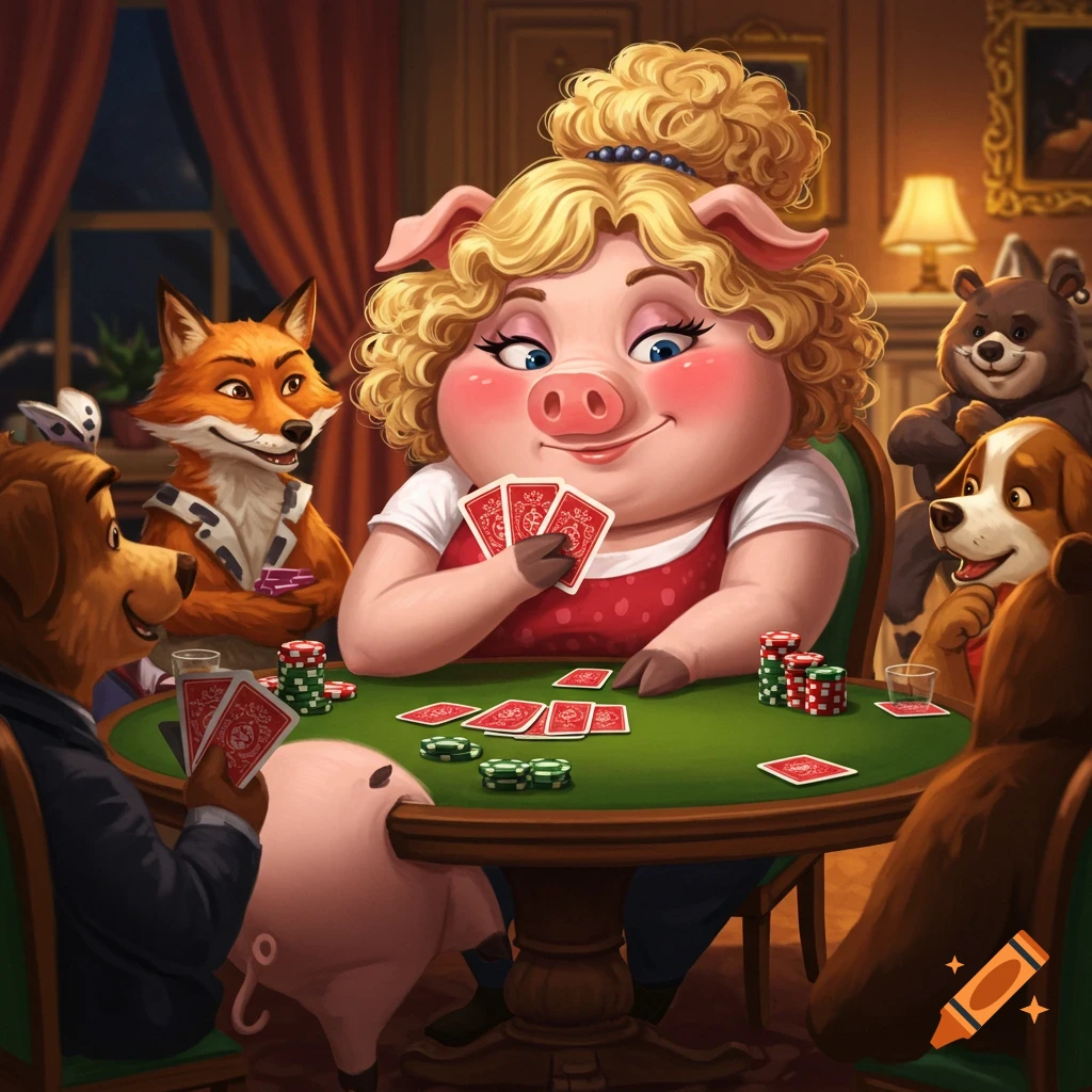 An illustration of anthropomorphic animals, including a pig, fox, and dogs, playing poker around a table.