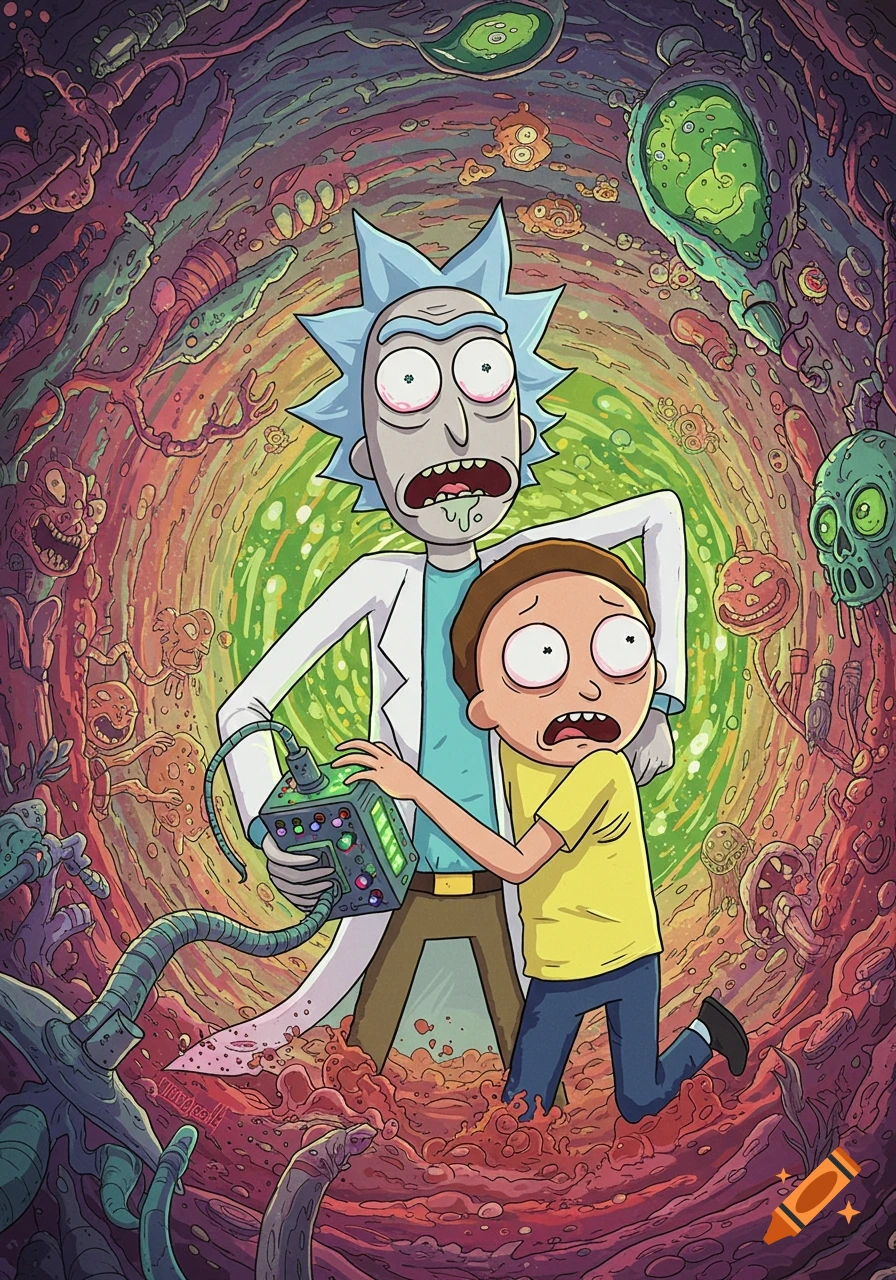 Rick and Morty in a chaotic, colorful dimension holding a device, surrounded by strange creatures and organic forms.