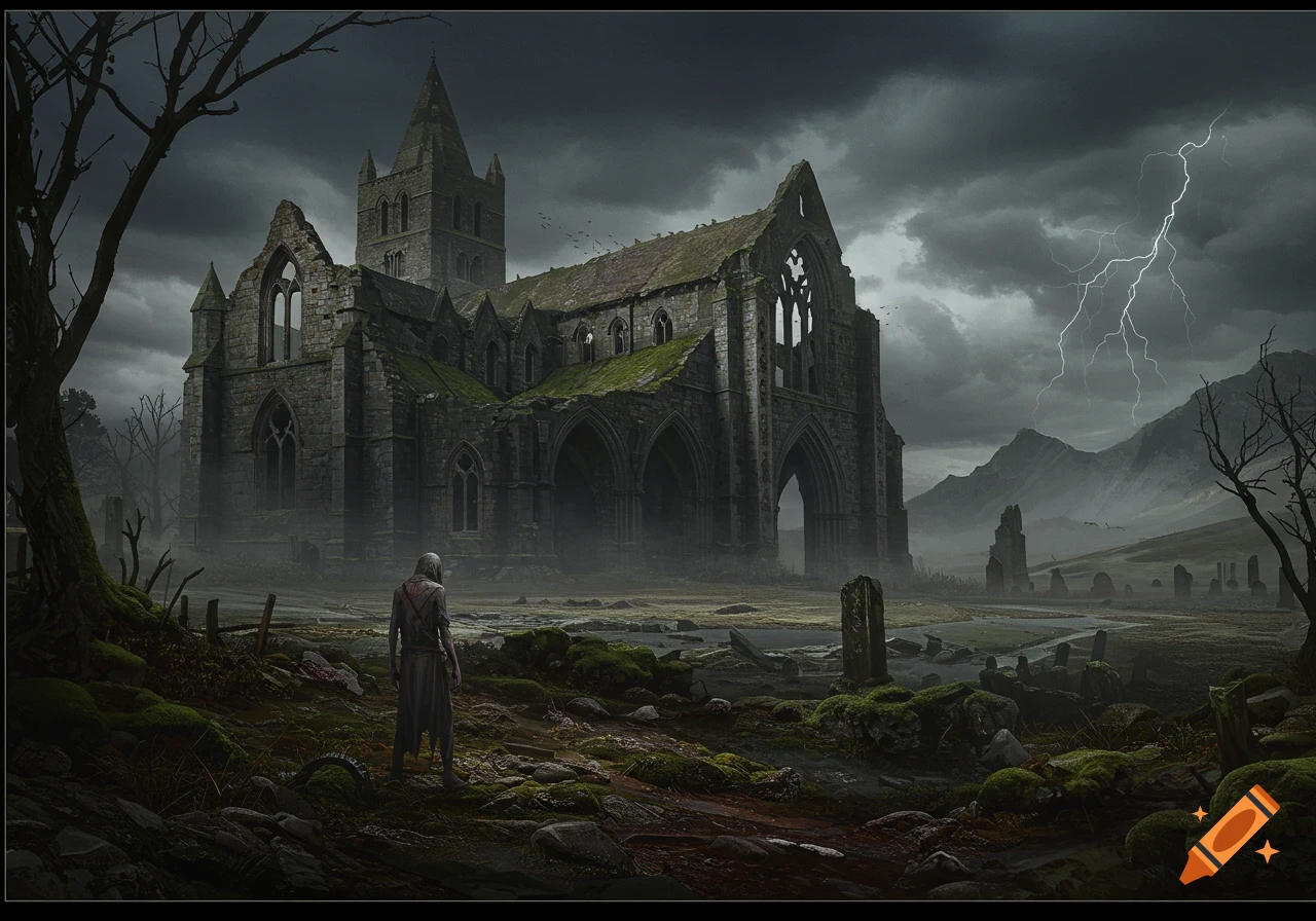 A figure stands before a ruined gothic cathedral in a stormy graveyard ...