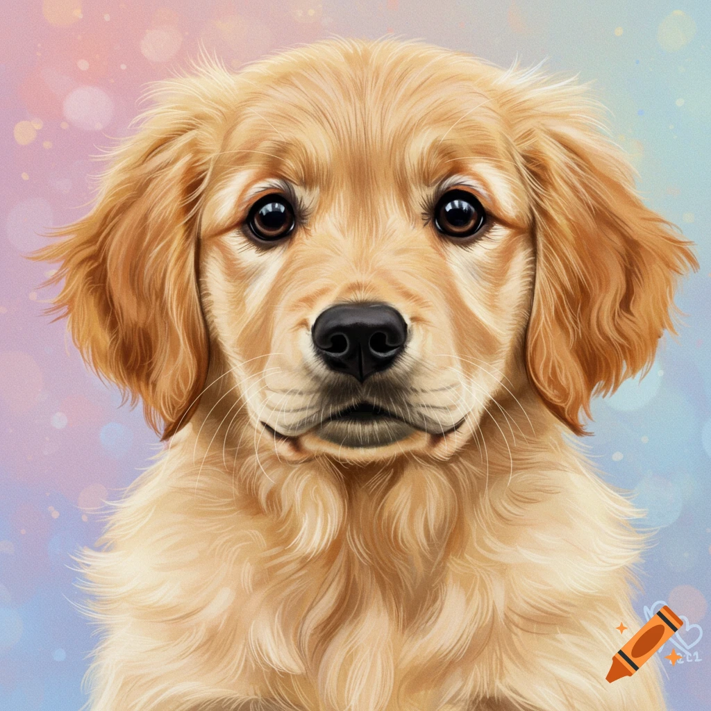 Close-up portrait of a cute golden retriever puppy illustration with a blurry background.