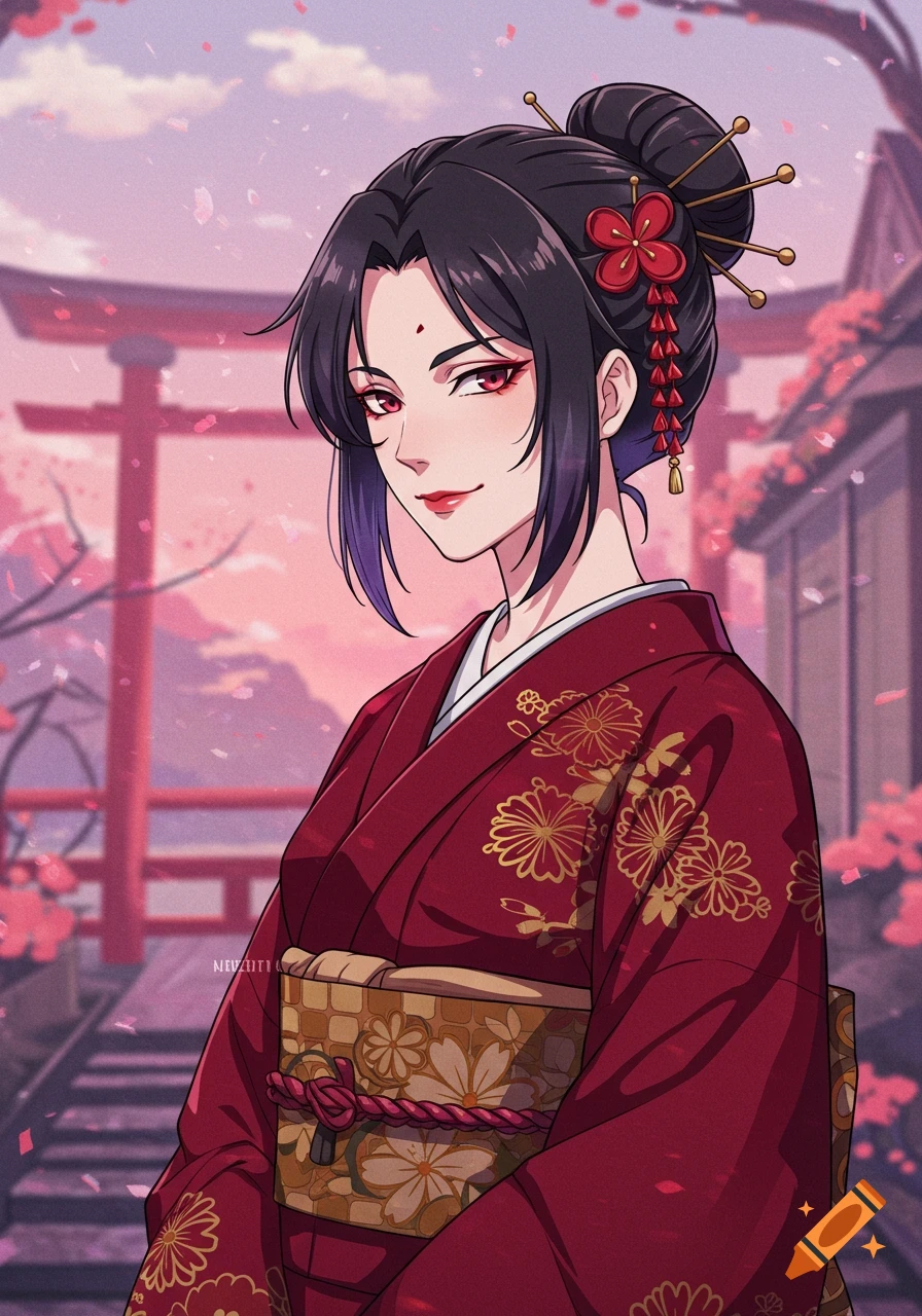 Anime woman in red kimono with bun hairstyle stands before a red torii gate under a pink sky with cherry blossoms.