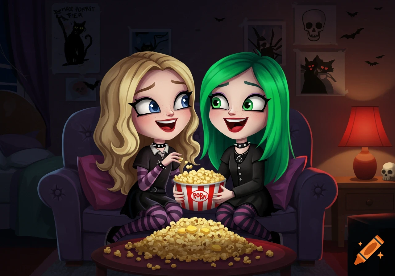 Cartoon illustration of two goth girls with blonde and green hair watching a movie and eating popcorn.