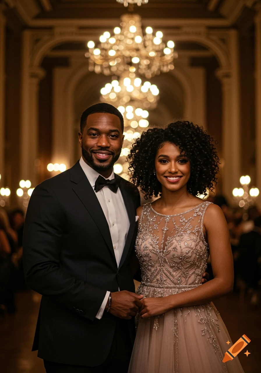 A formally dressed couple smiles for a portrait in a grand room with chandeliers.