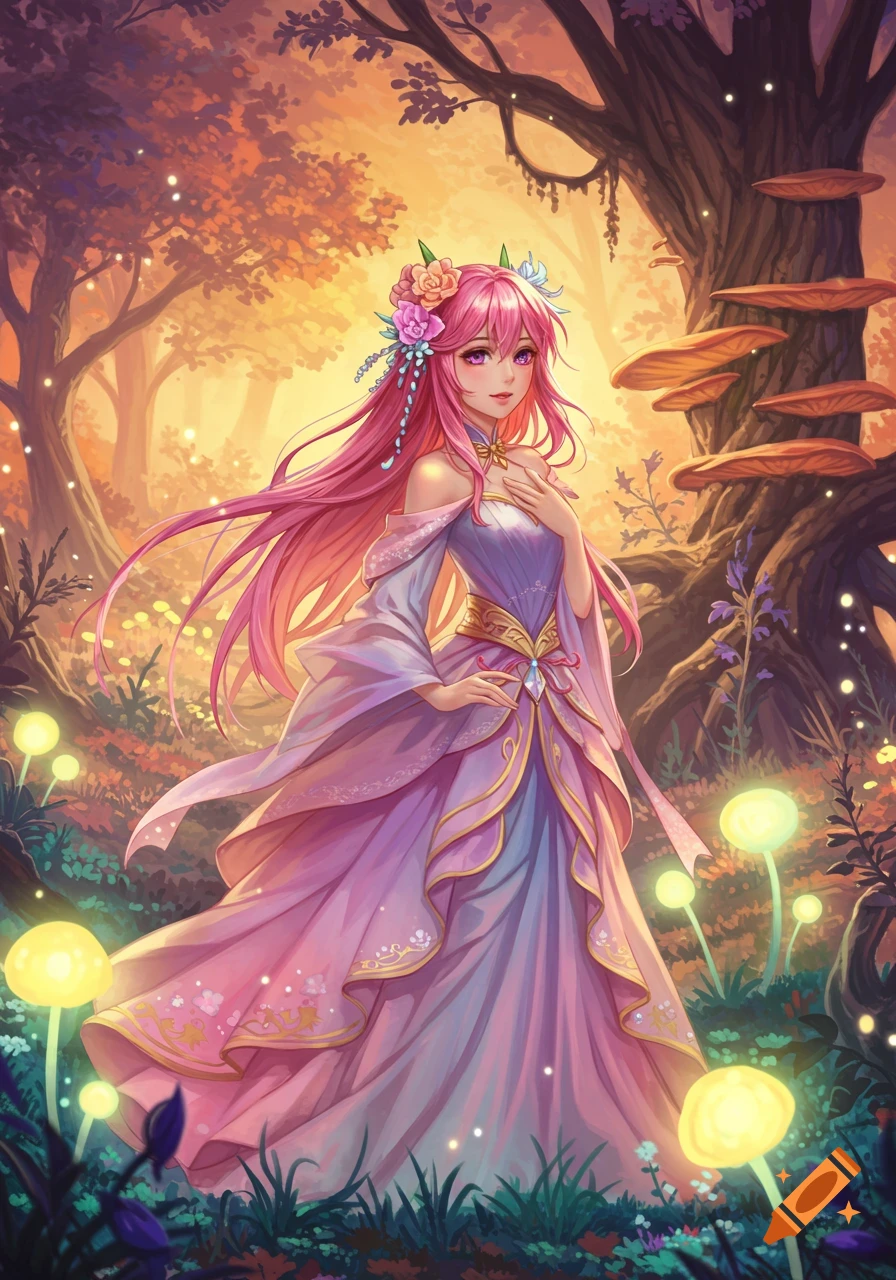 Anime girl with pink hair in a fantasy forest with glowing mushrooms on ...