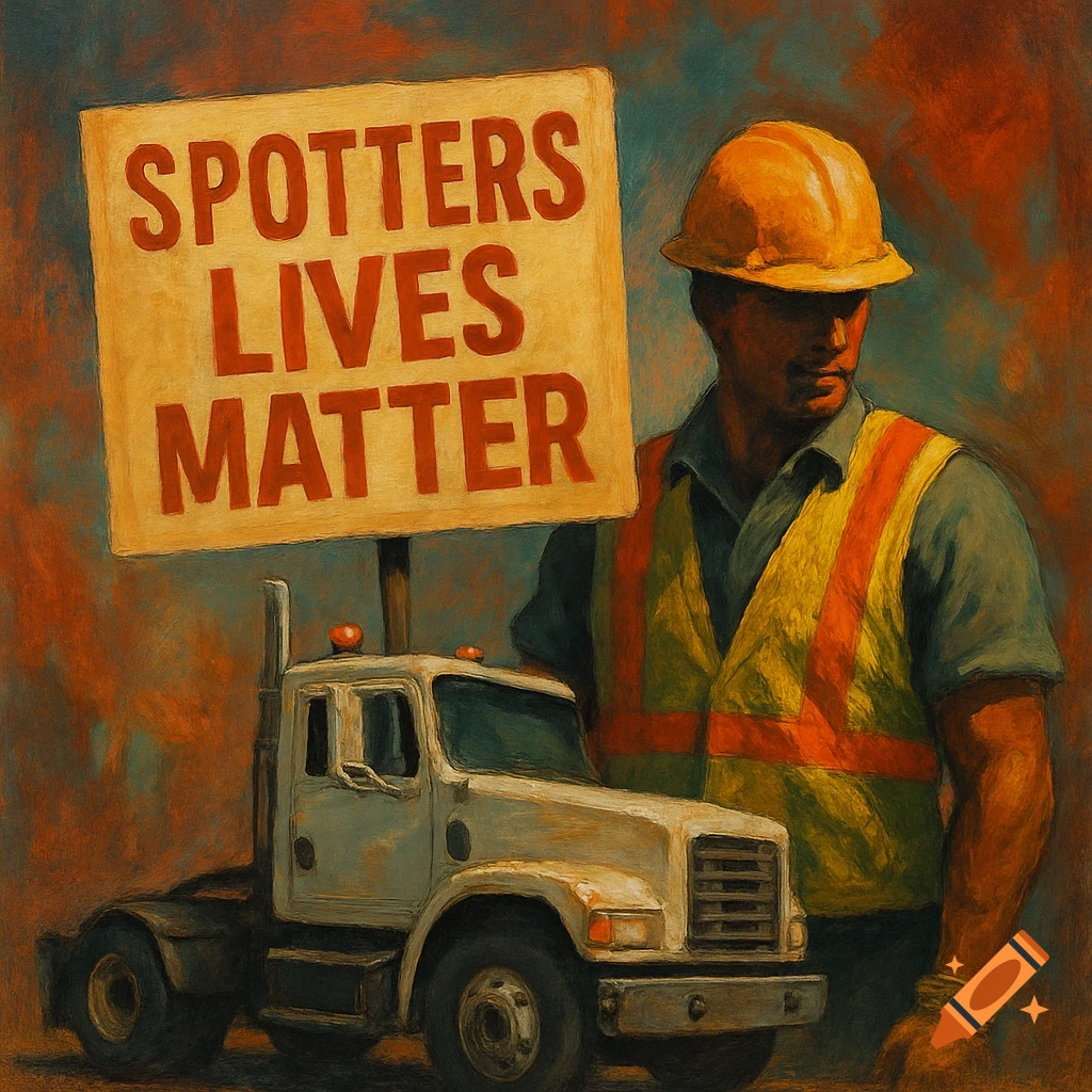 A construction worker stands next to a white truck holding a sign that says 'Spotters Lives Matter' in a painterly style.