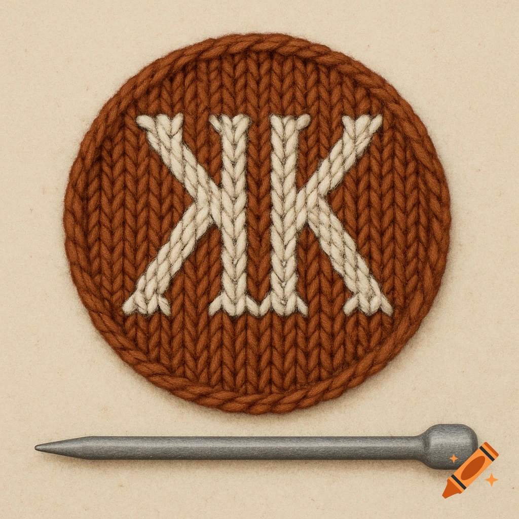 A knitted brown circle with a white mirrored 'K' design next to a metal knitting needle.