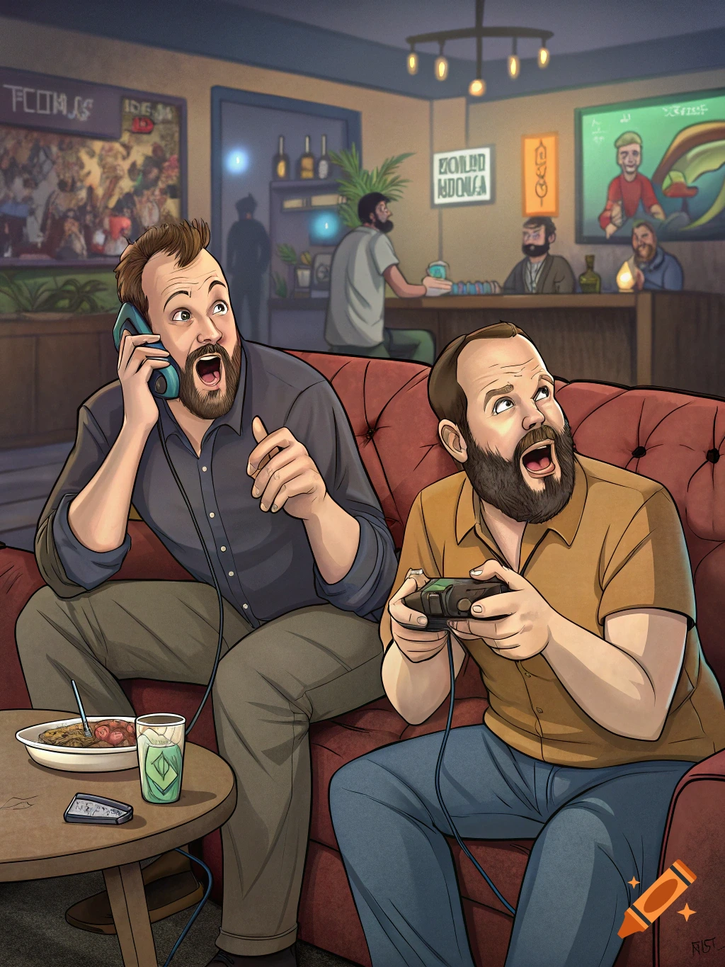 Cartoon of two men, one playing video games, one on the phone, in a bar setting.