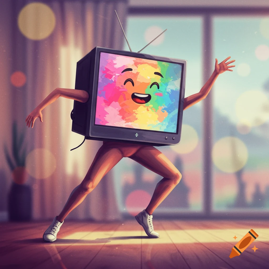 A surreal illustration of a dancing television with human arms and legs in a room.