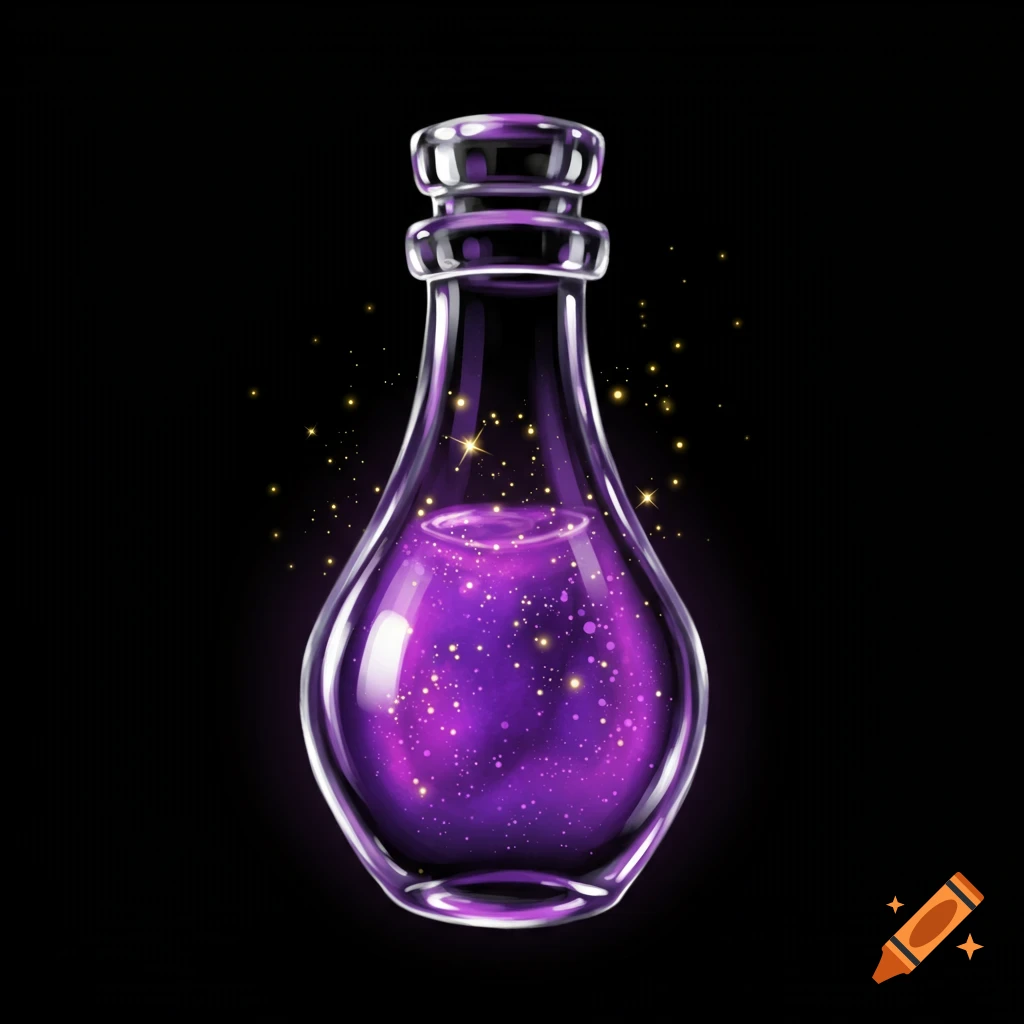 A glass bottle filled with sparkly purple liquid on a black background