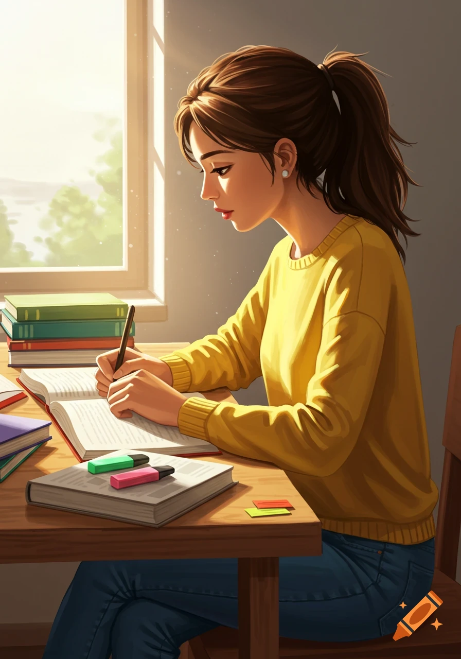 An illustration of a young woman with brown hair tied back, wearing a yellow sweater, writing in a notebook at a sunlit desk with books.