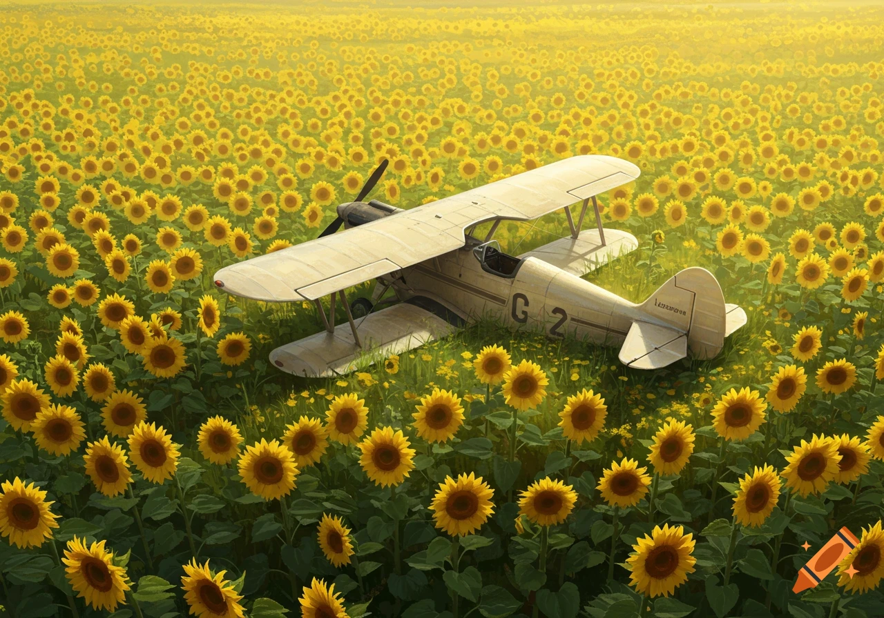 A biplane sits in a vast field of bright yellow sunflowers under a sunny sky.
