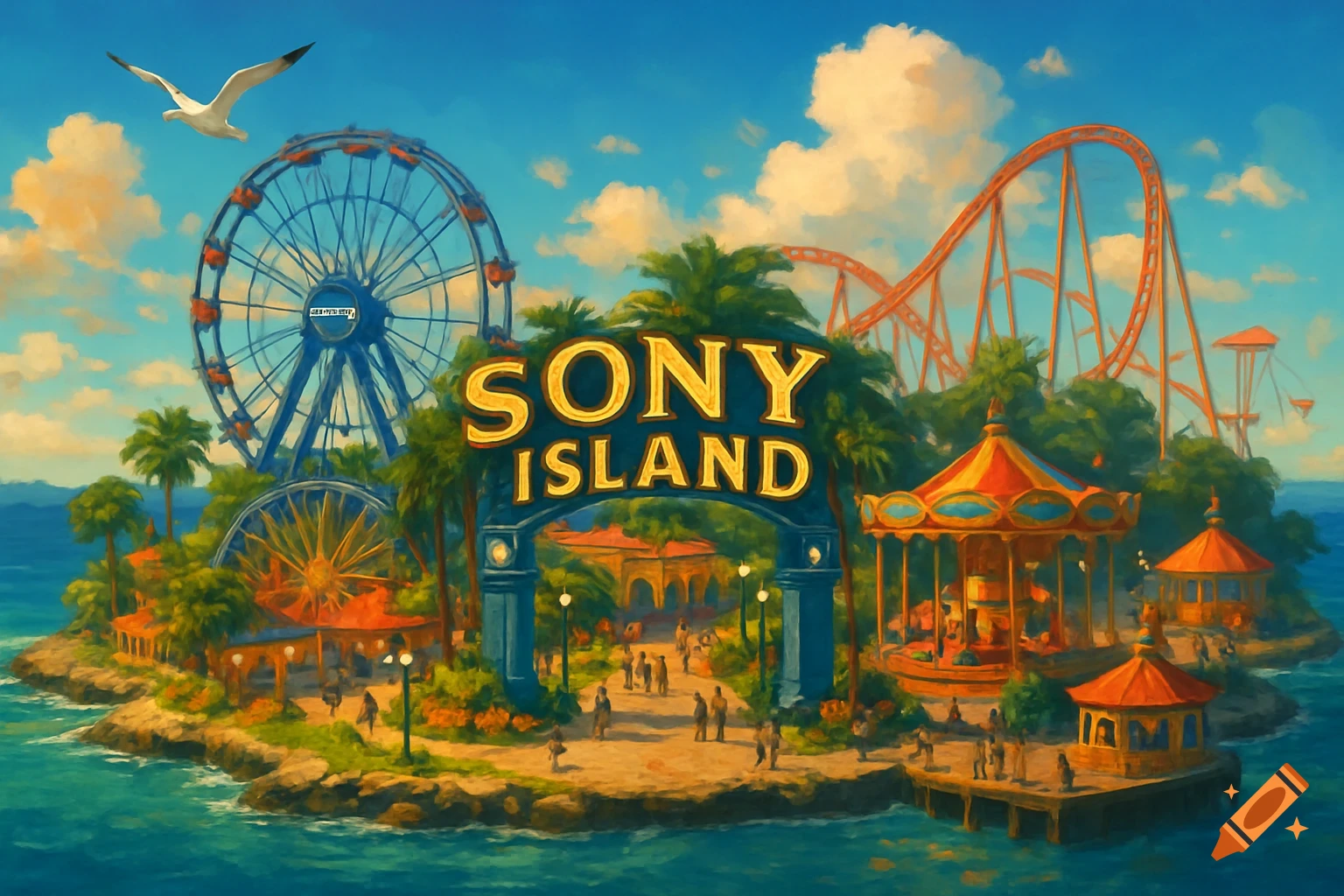 A vibrant painting of Sony Island amusement park featuring a Ferris wheel, roller coaster, carousel, and palm trees on a tropical island.