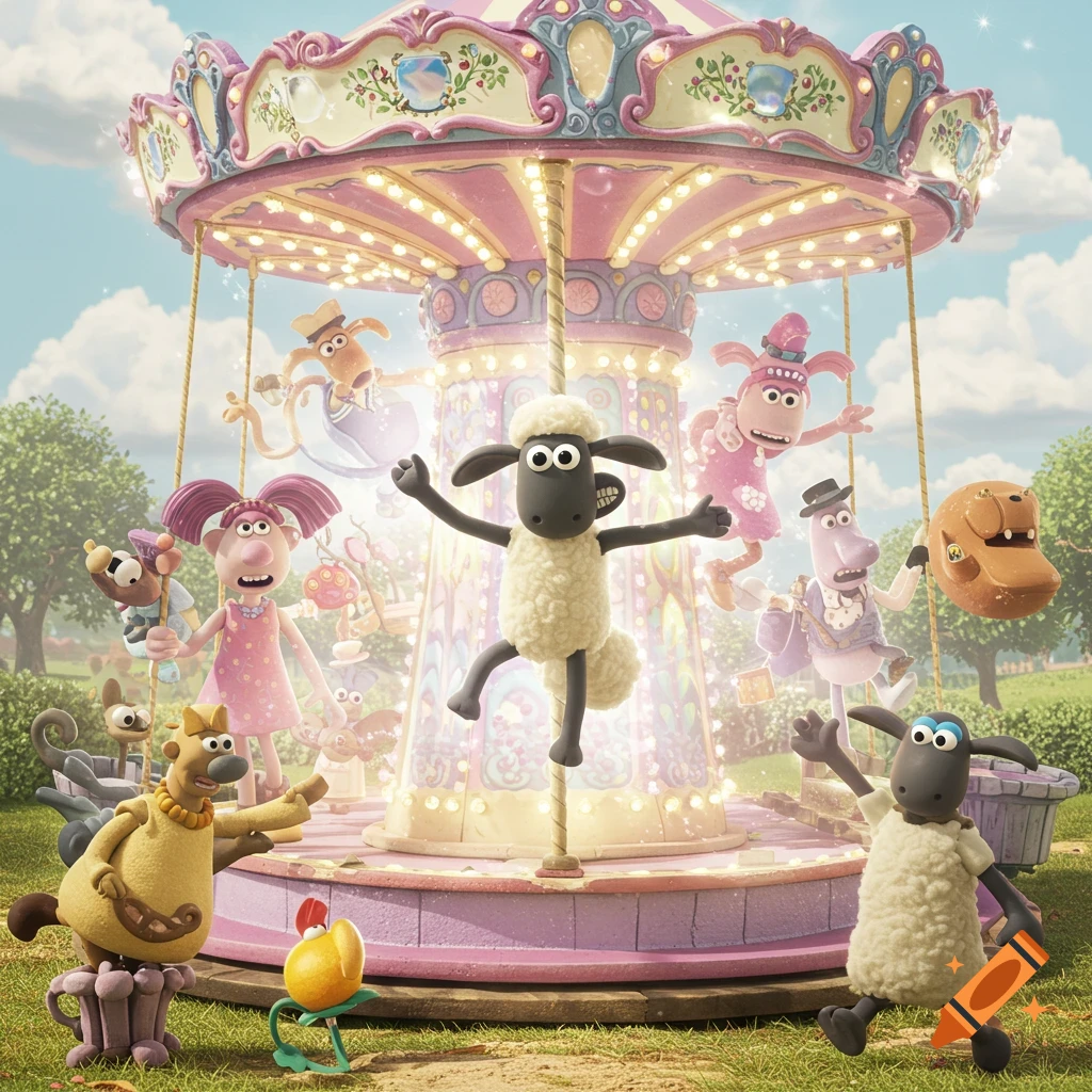 Shaun the Sheep and other animated animals ride a pink carousel.