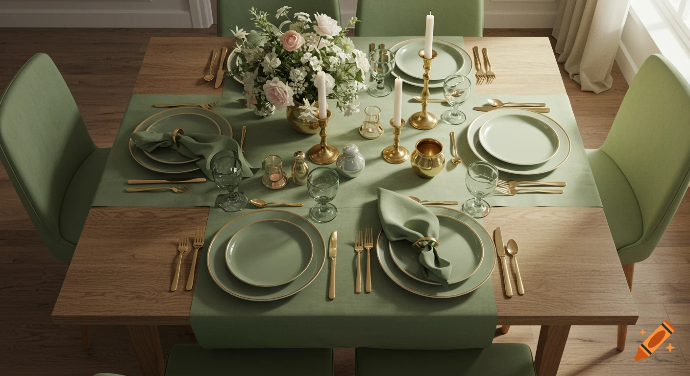 Rectangular dining table set for six with sage green placemats, plates, gold cutlery, and floral centerpiece.