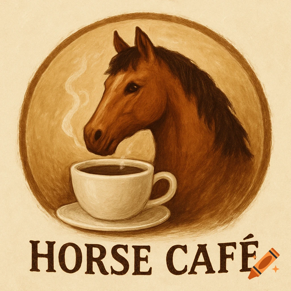 Sepia-toned illustration logo featuring a horse head looking at a steaming coffee cup, with the text 'HORSE CAFÉ' below.