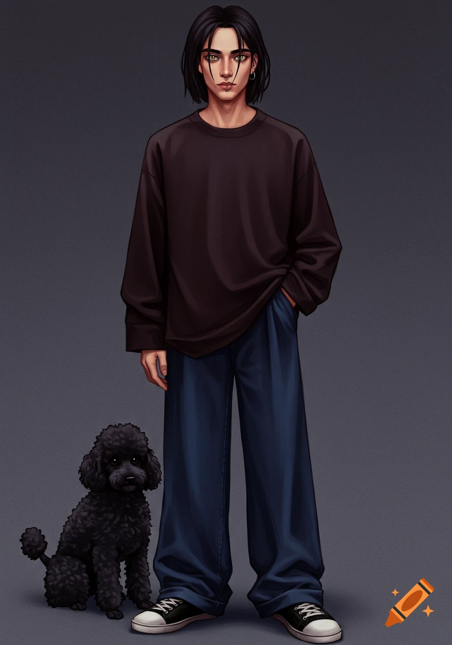 Full-body illustration of a tall guy with black hair and hazel eyes, wearing a baggy brown shirt and blue pants, standing next to a black poodle.