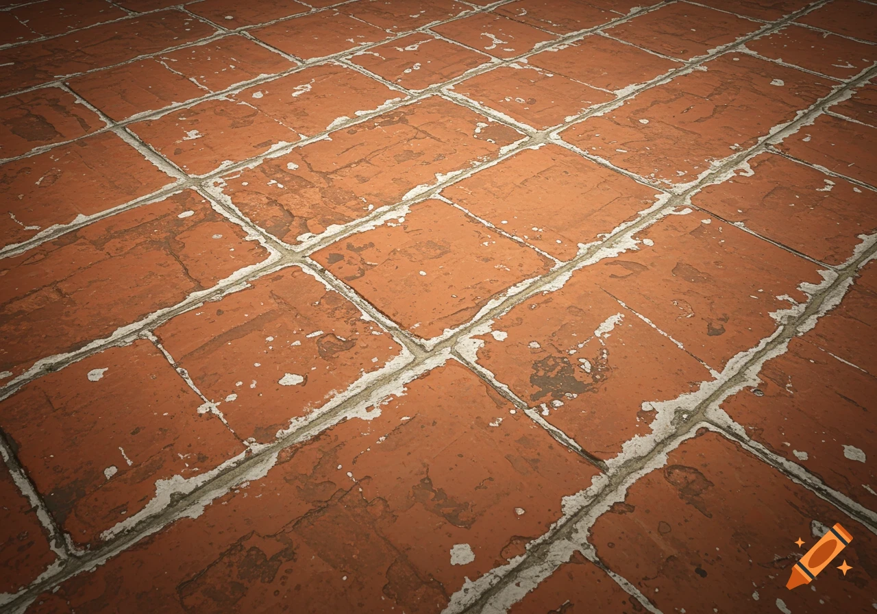 Close-up view of a terracotta tile floor with white grout.