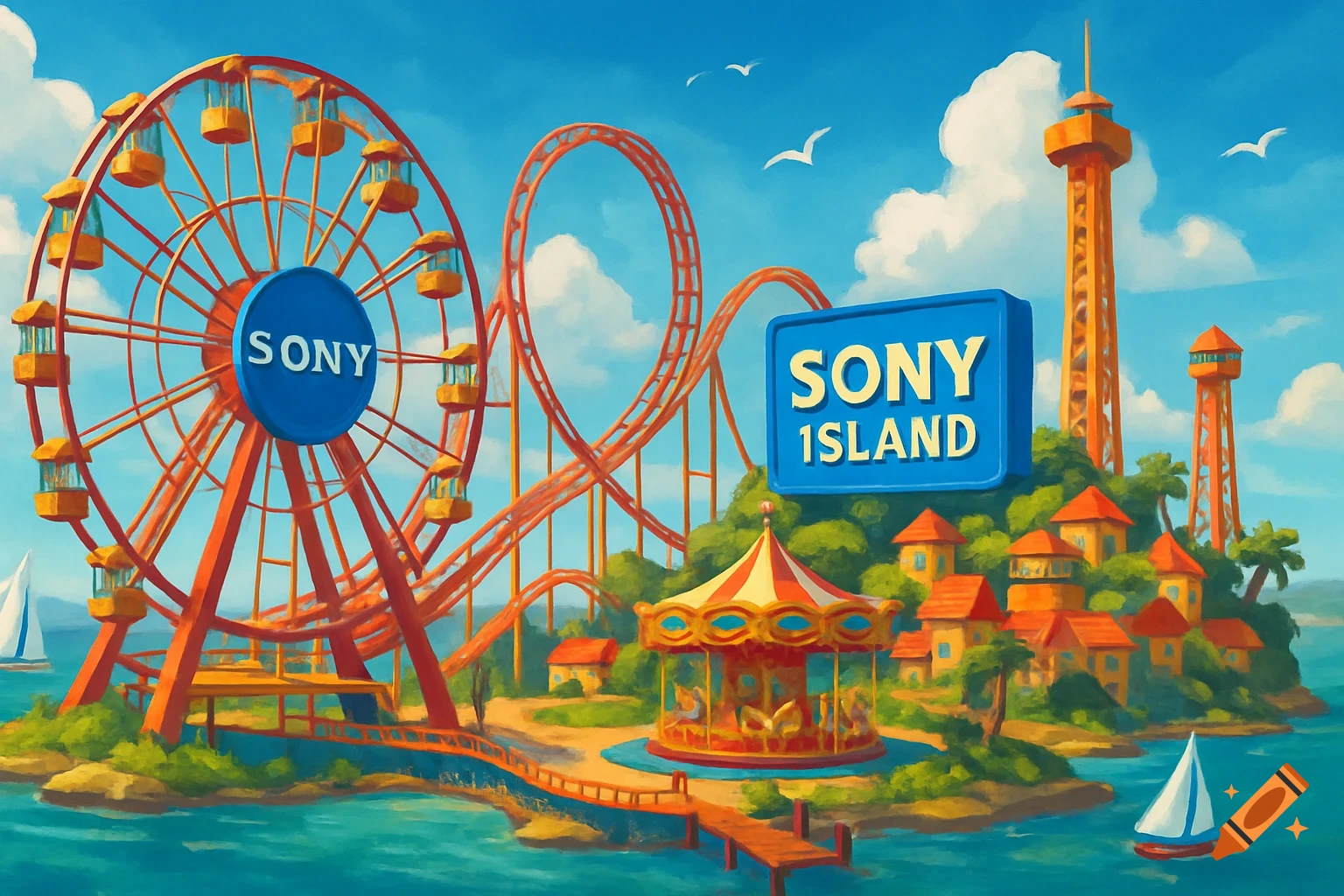 Illustration of a Sony island amusement park with a Ferris wheel and roller coaster.