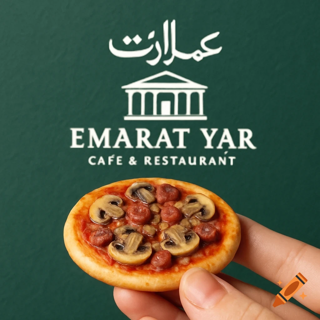 Hand holding a miniature mushroom and meat pizza with a cafe restaurant logo in the background.