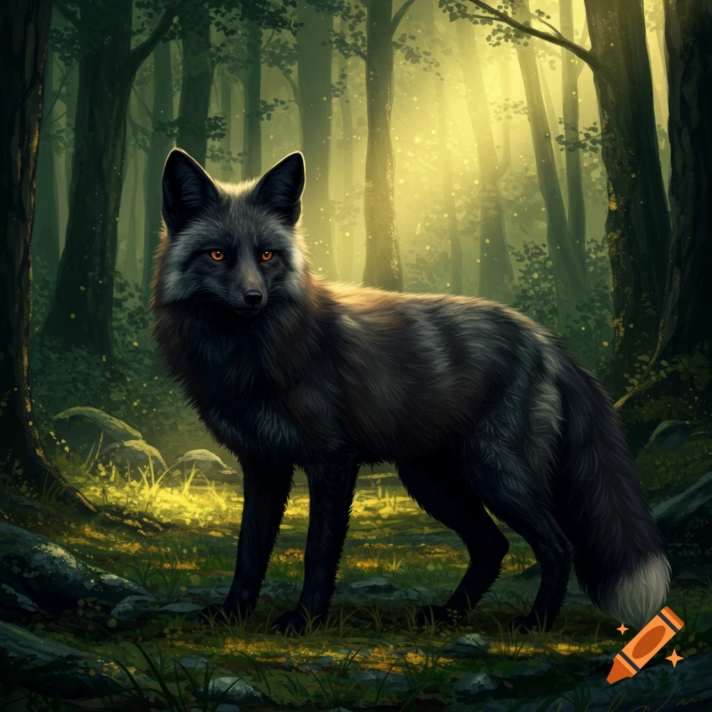 Black fox standing in a sunlit forest clearing, fantasy art style