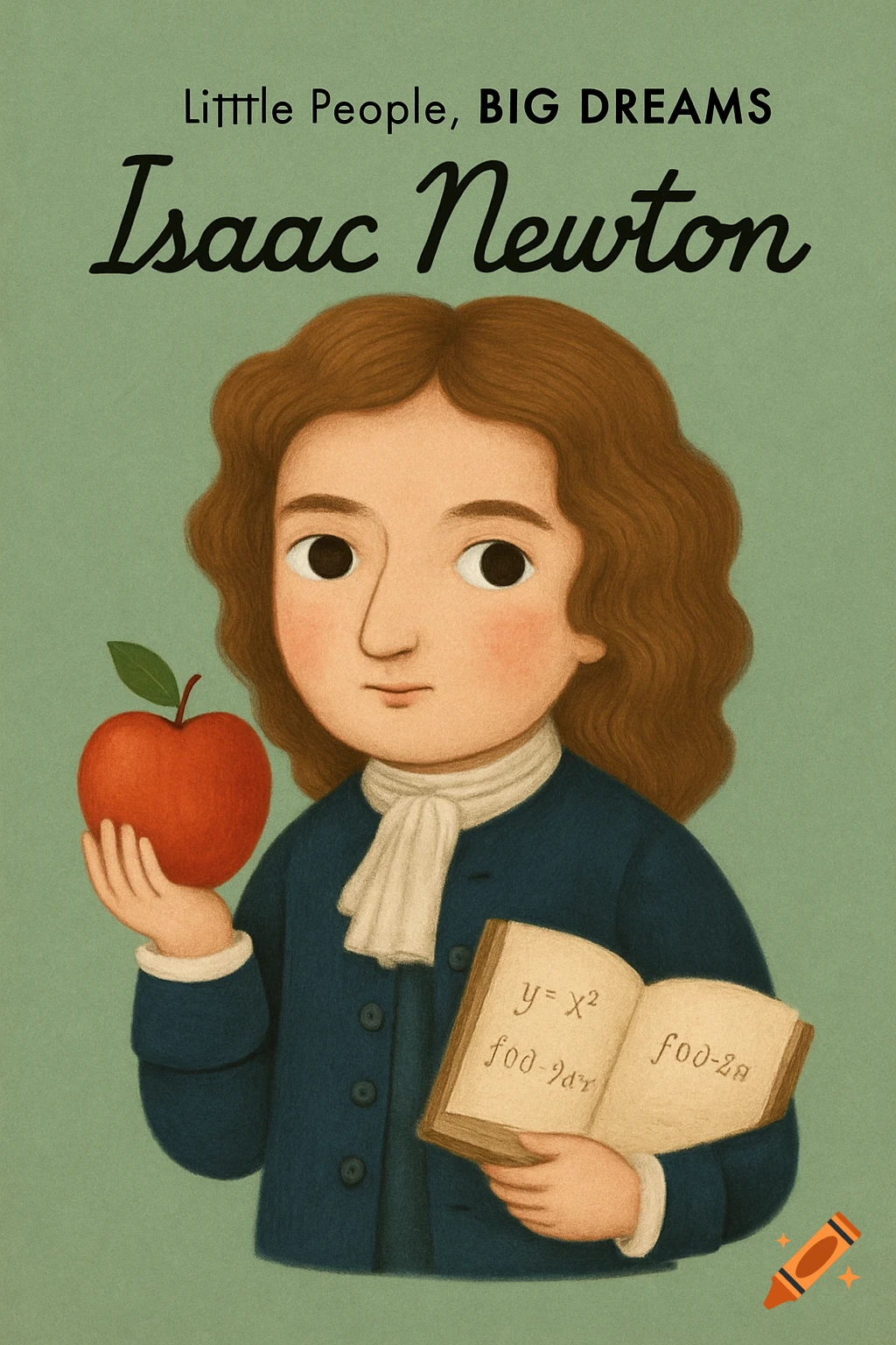 Illustration of a stylized Isaac Newton holding an apple and a book, styled like a children's book cover.
