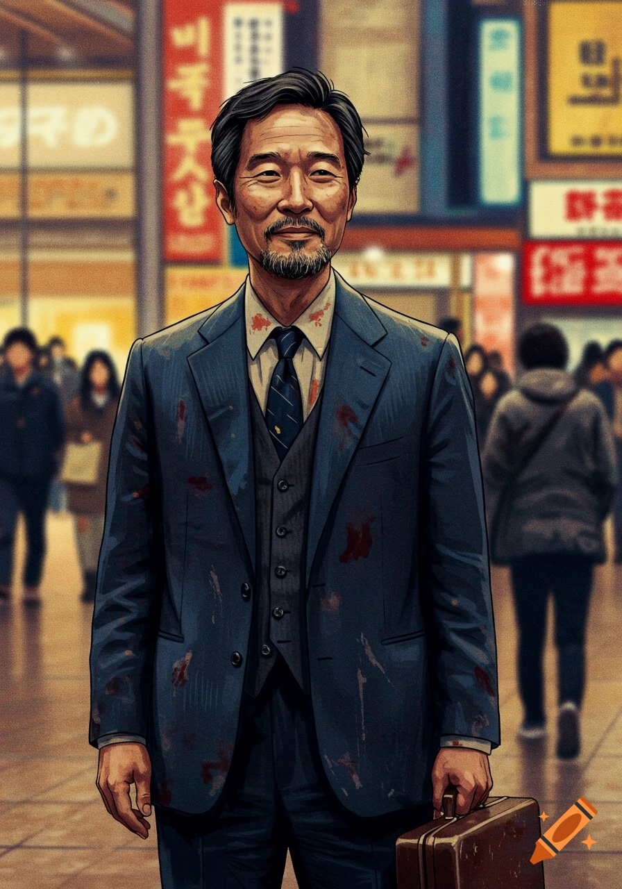 Illustrative portrait of a man in a blood-stained suit holding a briefcase on a city street.