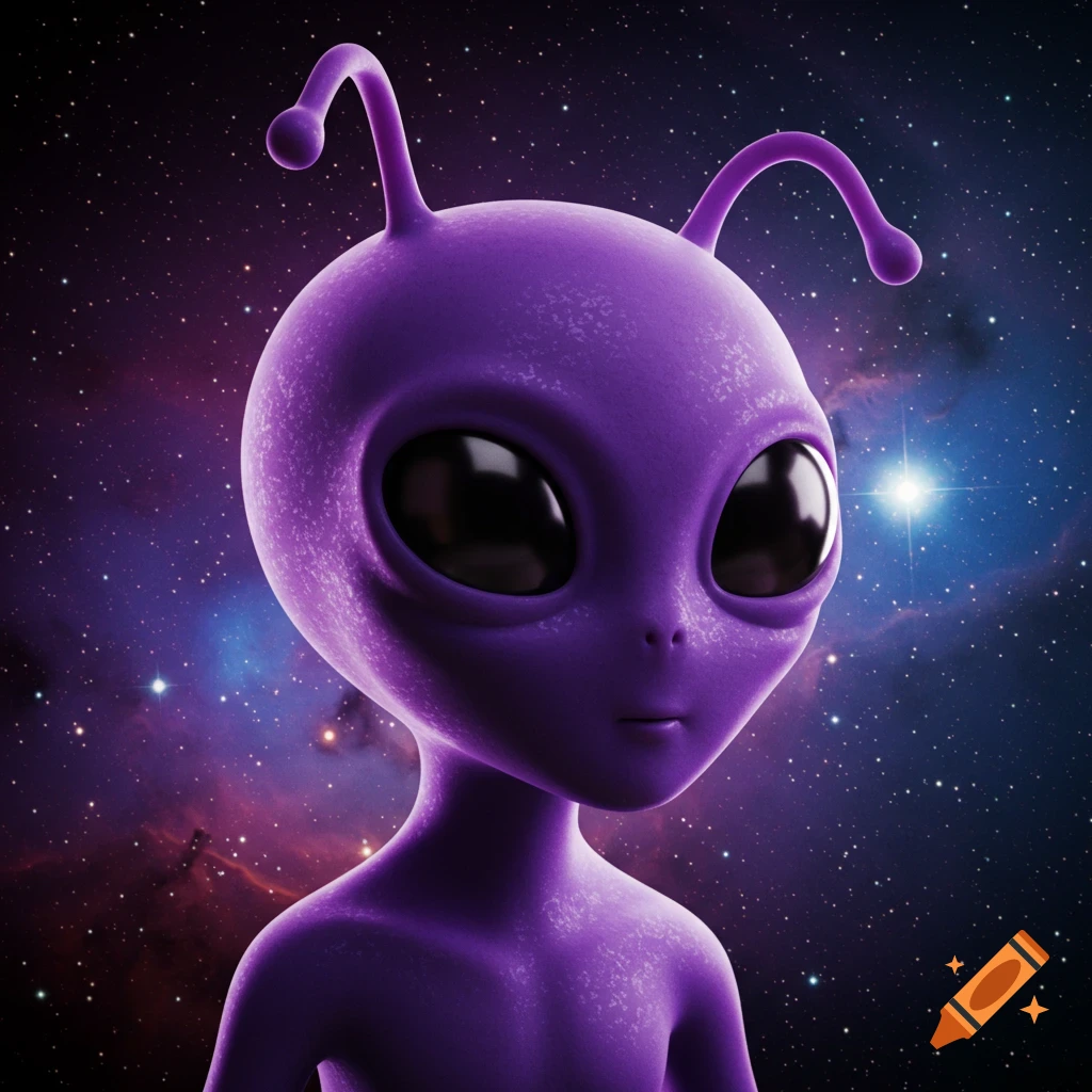 3D rendering of a friendly purple alien with large black eyes against a starry space background.