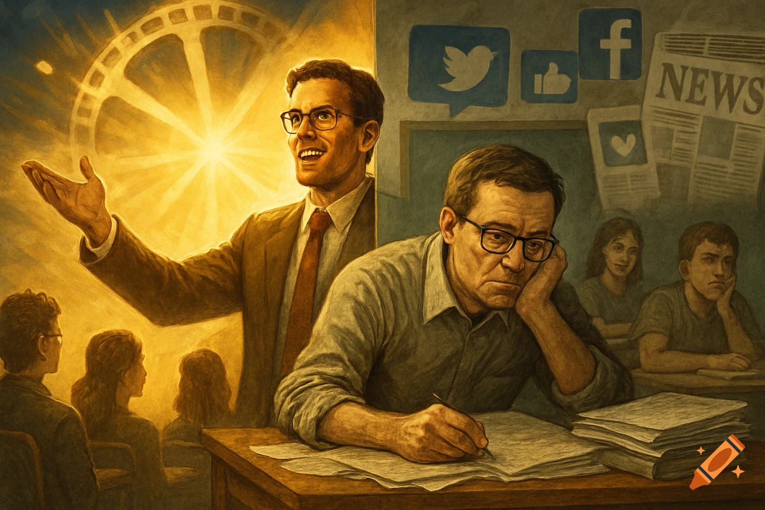 Painting of contrasting teachers: one enthusiastic, one tired, in a classroom with media symbols.