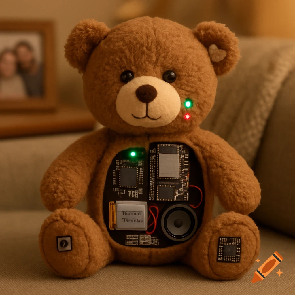 A teddy bear sits on a couch with its chest open, revealing circuit boards and components, with indicator lights on its cheek.
