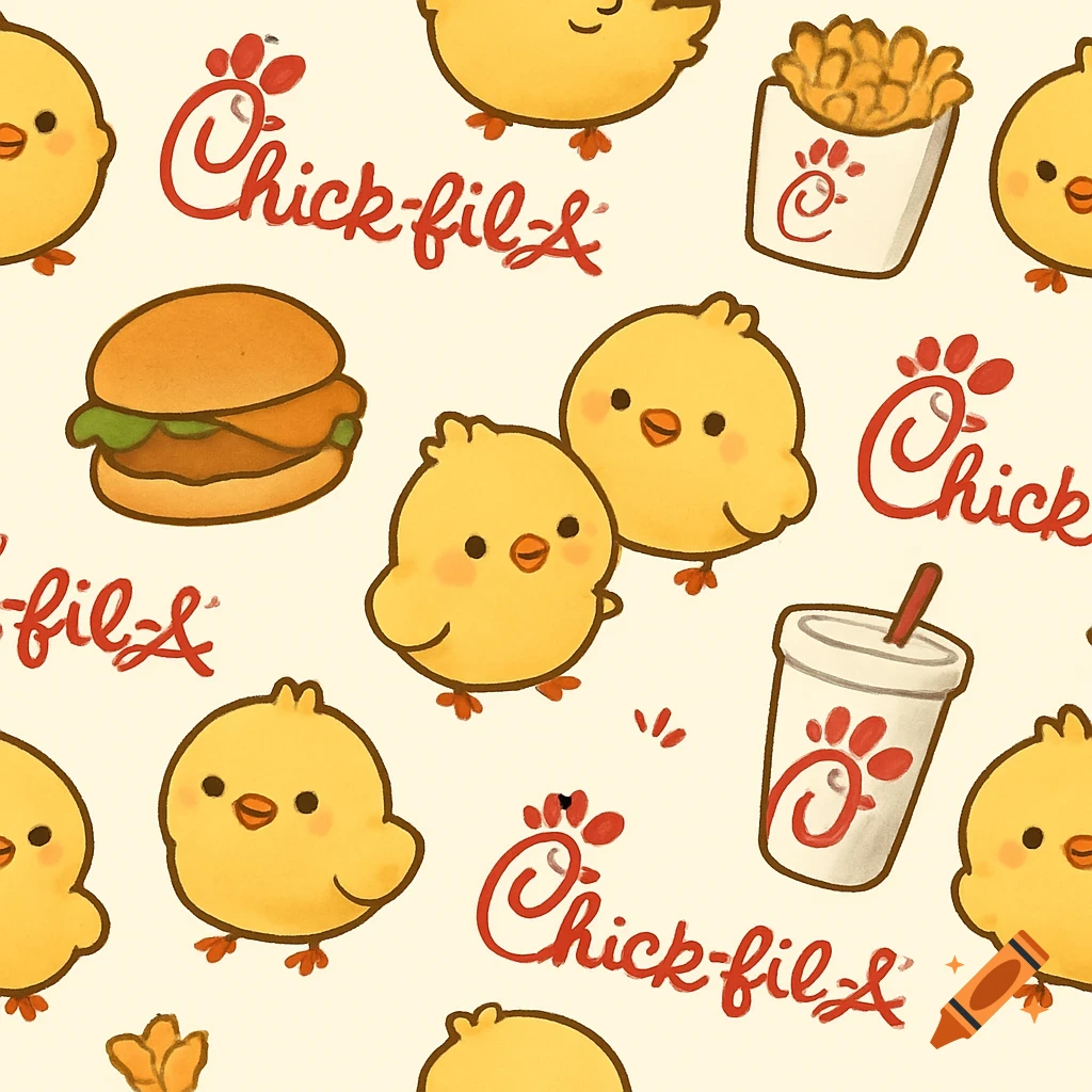 Cute seamless pattern of cartoon chicks and Chick-fil-A food items.